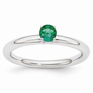 Rhodium Plated Sterling Silver Stackable 4mm Created Emerald Ring Sz 5